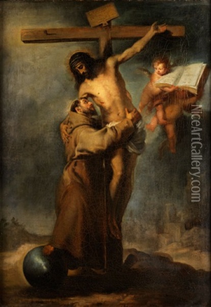 Der Heilige Franziskus Empfangt Den Leichnam Christi Am Kreuz Oil Painting - Bartolome Esteban Murillo
