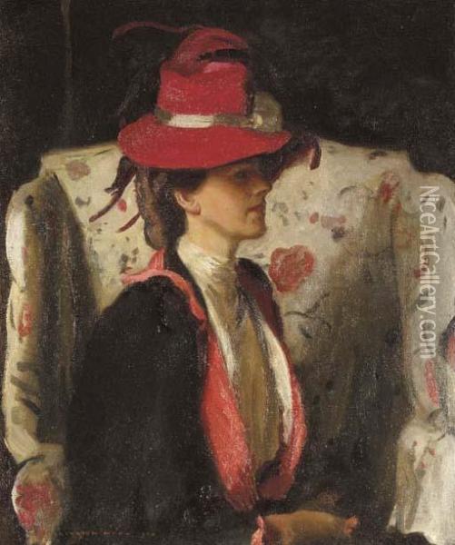 Seated Lady Wearing A Red Feathered Hat Oil Painting - Harrington Mann
