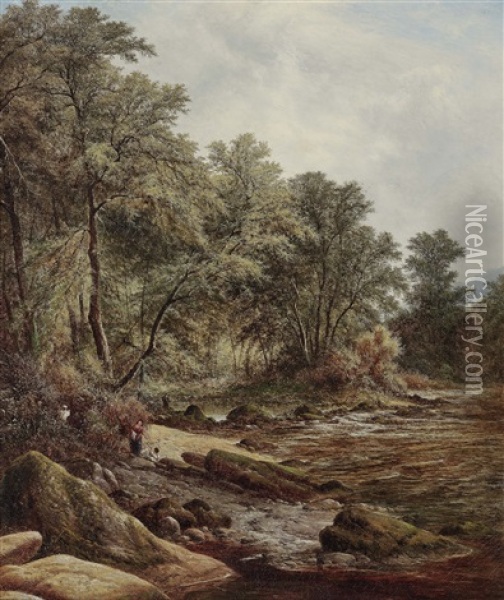 Forest Stream With Figures Oil Painting - Walter Heath Williams