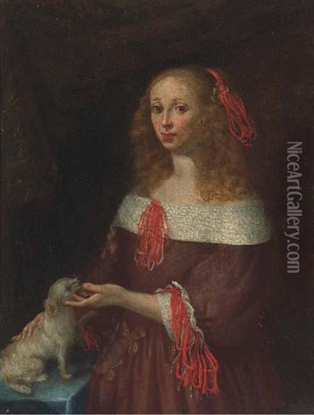 Portrait Of A Lady, Three-quarter-length, With A Dog Oil Painting - Gerard Terborch