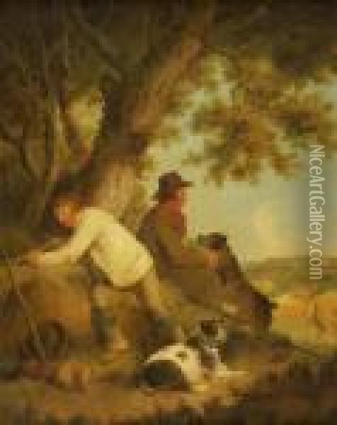 Shepherds With Their Dogs Oil Painting - George Morland