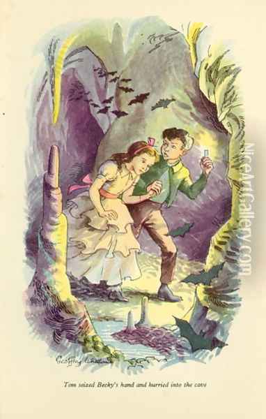 Tom seized Becky's hand and hurried into the cave', illustration from 'The Adventures of Tom Sawyer by Mark Twain (1835-1910) Oil Painting - Geoffrey Whittam