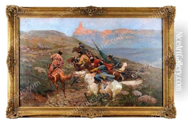 Soldats Tcherkesses Au Galop Oil Painting - Franz Roubaud