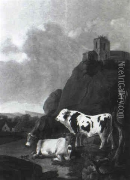 Gebirgige Landschaft Mit Drei Rindern Und Einer             Kirchenruine Oil Painting - Johann Heinrich Roos