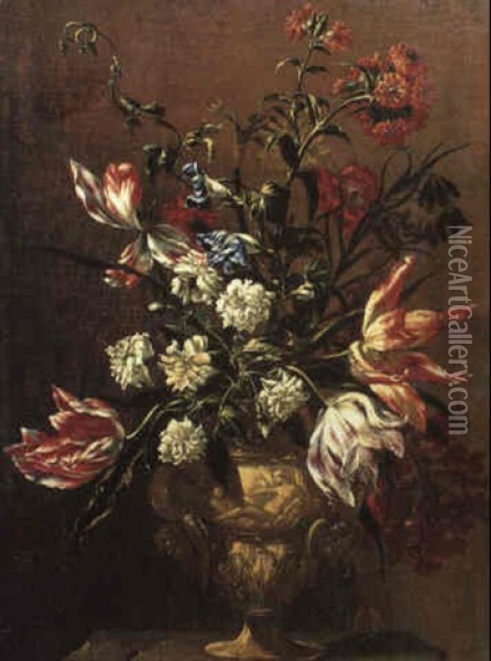 Still Life With Assorted Flowers In An Urn On A Plinth Oil Painting - Mario Nuzzi