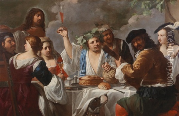 A Bacchanal With A Company Feasting And Making Music Oil Painting -  Caravaggio