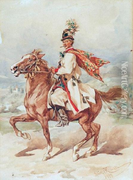Druzba - Krakus Na Koniu Oil Painting - Juliusz Kossak