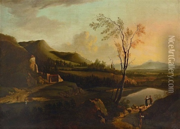 Flusslandschaft Mit Viehhirten Am Uferweg Oil Painting - Frederick De Moucheron