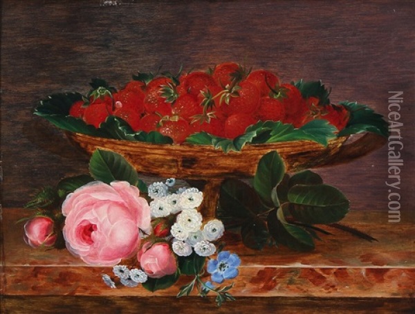 Still Life With Strawberries In A Bowl And Pink Roses On A Stone Sill Oil Painting - Johan Laurentz Jensen