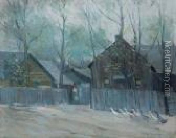 Houses In Winter With Geese Oil Painting - Frederick Kitson Cowley