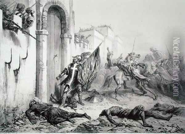 Ponce de Balagner at the Bab-Azoun Gate, from a volume commemorating the French Expeditionary Force which captured Algiers in 1830, engraved by Eugene Charles Francois Guerard 1821-66 Oil Painting - Auguste Raffet