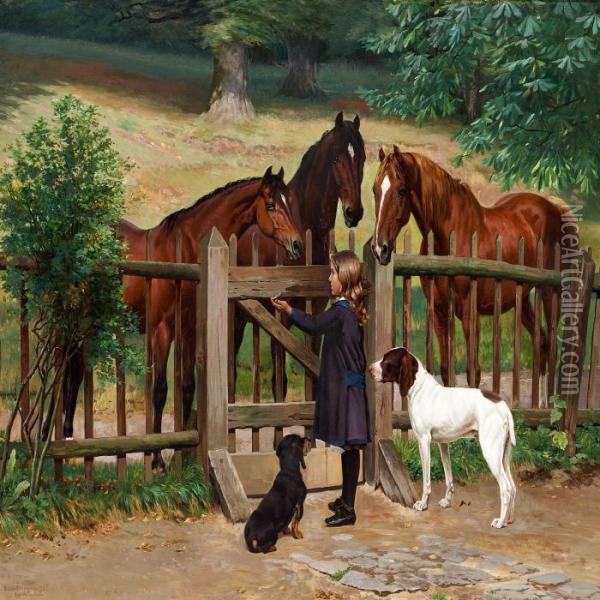 Losgaaende Heste I En Dyrehave Indfinde Sig Ved Laagen For Atblive Fodrede Oil Painting - Simon Simonson