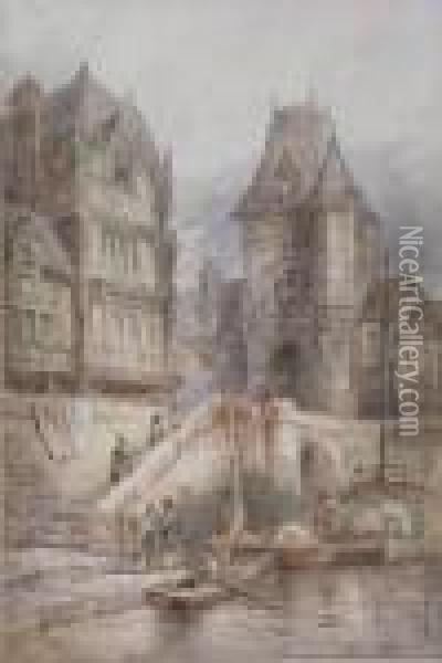 'a Continental Town Scene With Figures At A Quayside Oil Painting - Paul Marny