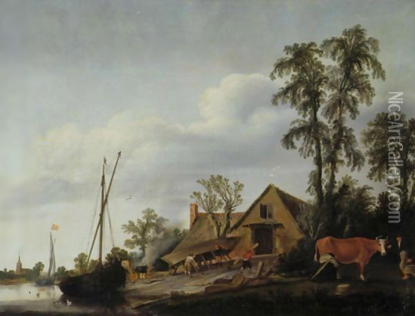 A View Of A Riverbank With A Boatyard Oil Painting - Esaias Van De Velde