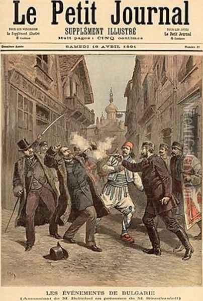 Events in Bulgaria The Assassination of Mr Beltchef in the Presence of Stefan Stambolov 1854-95 from Le Petit Journal 18th April 1891 Oil Painting - Fortune Louis Meaulle