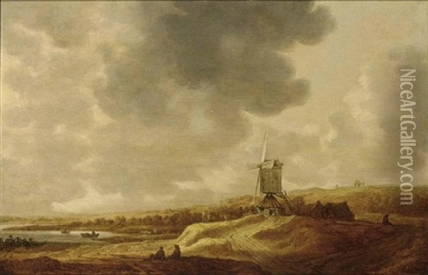 A Panoramic River Landscape With A Windmill And Travellers Resting In The Foreground Oil Painting - Johannes Pietersz Schoeff