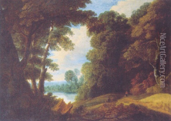 A Wooded Landscape In Summer With A Traveller On A Track By A Lake Oil Painting - Jacques d' Arthois