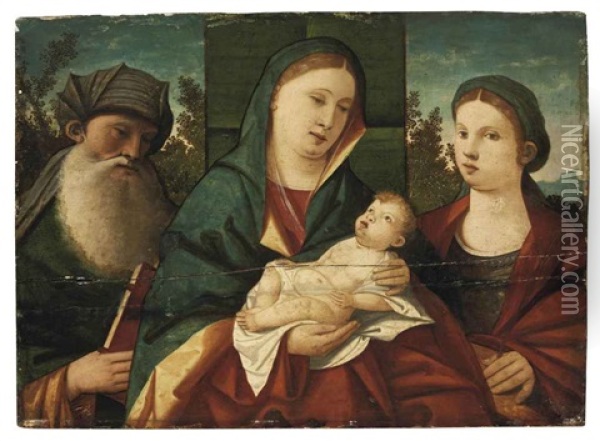 The Madonna And Child With Saint Anthony Abbot And Saint Catherine, In A Landscape Oil Painting - Giovanni Bellini