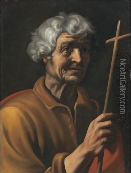 A Male Saint Holding A Crucifix Oil Painting - Italian School