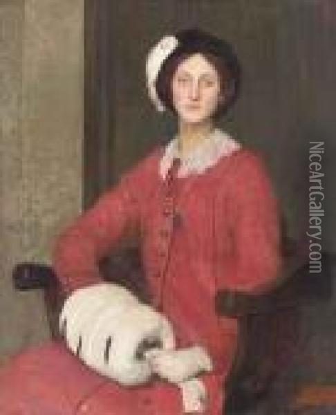Hilda Spencer Watson, Seated Three-quarter-length, In A Red Coat And Fur Muff Oil Painting - George Spencer Watson