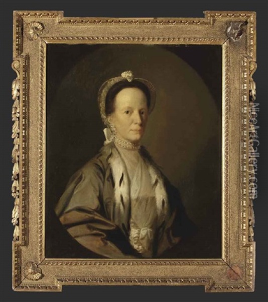 Portrait Of A Lady, In A Fur-lined Grey Robe And A White Blouse, A White Headdress And A Pearl Necklace And Earings, In A Painted Oval Oil Painting - Allan Ramsay