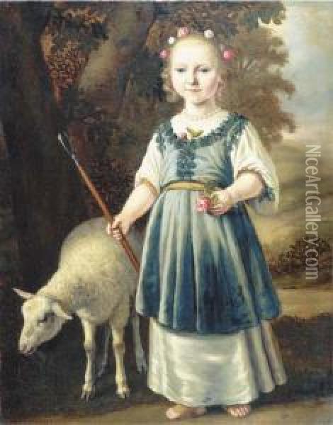 Portrait Of A Young Girl Dressed
 As A Shepherdess, In A White Dresswith A Light Blue Pinafore Set With 
Leaf Motifs, A Pearl Necklace,her Hair Set With Roses, In A Landscape 
With A Sheep Oil Painting - Jacob Gerritsz. Cuyp