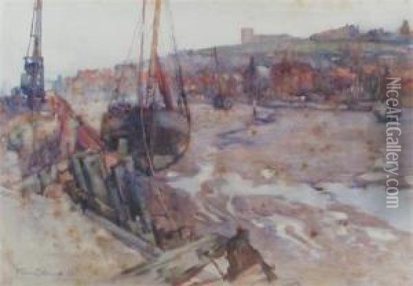A Small Harbour At Low Tide Oil Painting - Frank Rousse