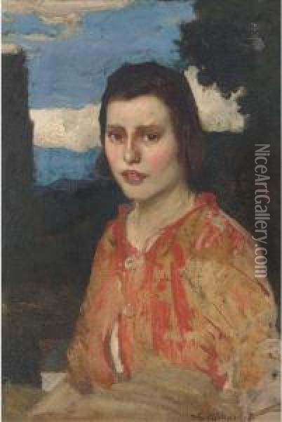 Portrait Of A Young Girl, Half-length, In A Red Blouse Oil Painting - David Forrester Wilson