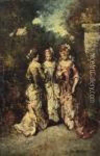 Les Trois Graces: Elegant Young Women In A Garden Oil Painting - Adolphe Joseph Th. Monticelli