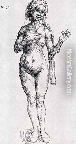Female Nude (With Headcloth And Slippers) Oil Painting - Albrecht Durer