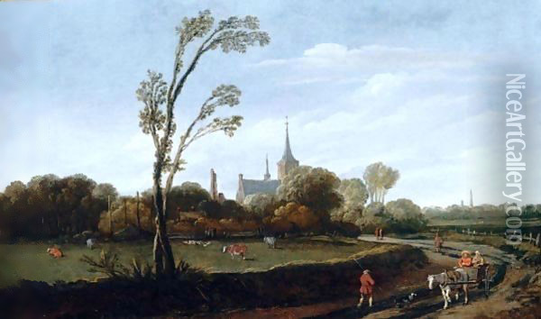 An Open Landscape With Wagoners On A Road, A Church Spire In A Village Beyond Oil Painting - Esaias Van De Velde