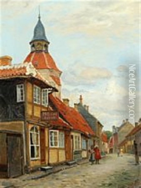 Townscape From Faborg With Playing Children Oil Painting - Peter Tom-Petersen