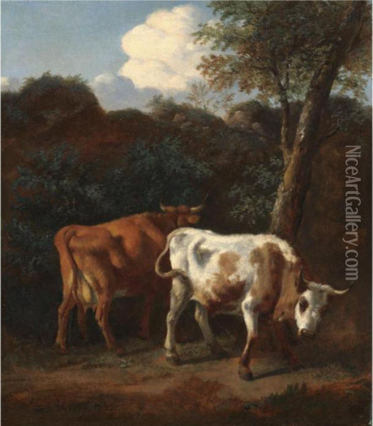 Two Cows Resting Under A Tree In A Landscape Oil Painting - Adrian Van De Velde