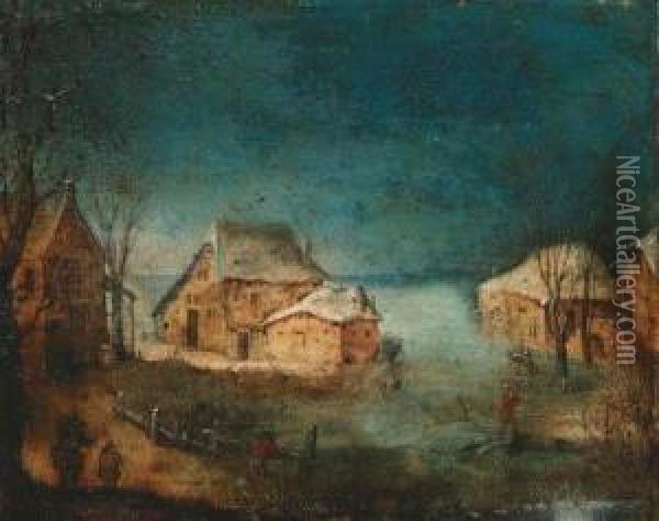 A Coastal Winter Landscape With 
Fishermen On A Path By A Village;and A Wooded Landscape With Figures By A
 Colonnaded Manorhouse Oil Painting - Adriaan van Stalbemt