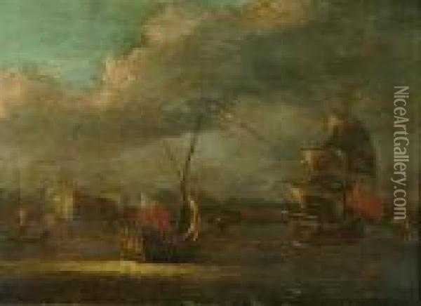 Men O'war On The Thames Off Greenwich Oil Painting - William Velde Van De Bonfield