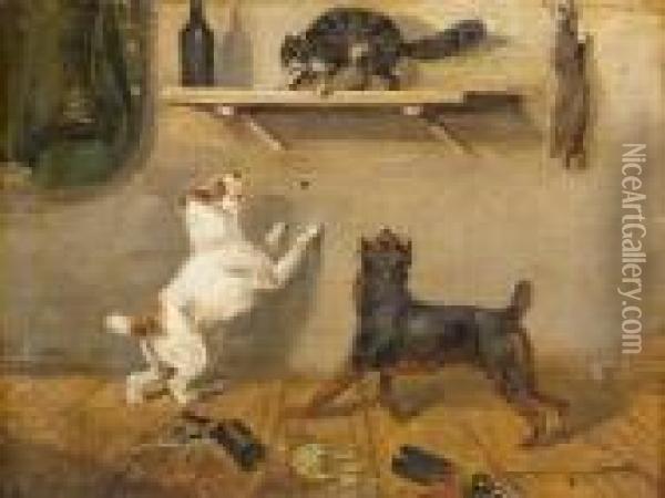 Zwei Hunde, Eine Auf Flaschenbord Gefluchtete Katze Verbellend Oil Painting - Paul Friedrich Meyerheim