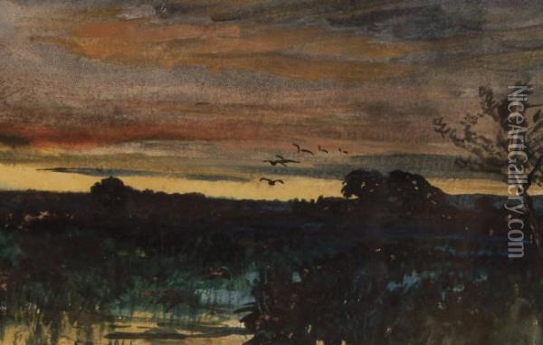 View Towardsrye From Romney Marsh Oil Painting - Samuel Bough