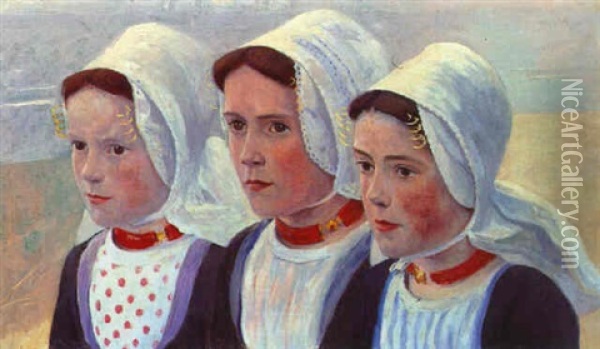Three Girls From Zoutelande In Traditional Costume Oil Painting - Ferdinand Hart Nibbrig