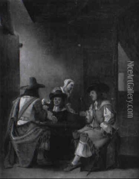 Soldiers Playing Cards And Drinking Wine In An Inn Oil Painting - Pieter De Hooch