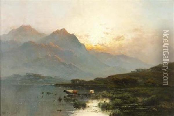Highland Landscape At Sunset Oil Painting - Alfred de Breanski
