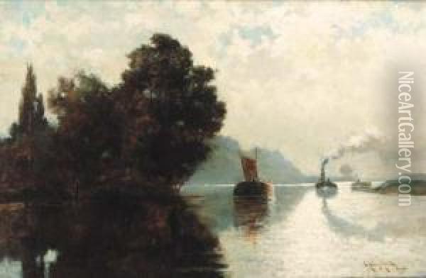 Barges On A River Oil Painting - Edward Aubrey Hunt