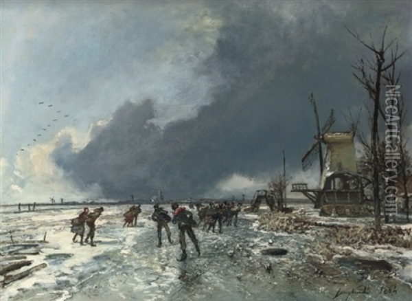 Patineurs En Hollande, Ciel Couvert: Skaters On A Frozen Waterway Oil Painting - Johan Barthold Jongkind
