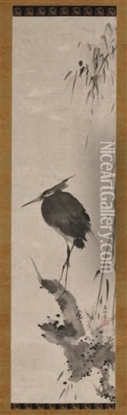 Heron Perched On A Tree Branch With Bamboo Oil Painting -  Shinso