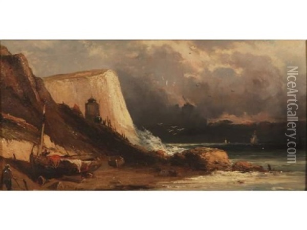 Pecheurs Et Barque Pres D'une Falaise En Normandie Oil Painting - Louis-Gabriel-Eugene Isabey
