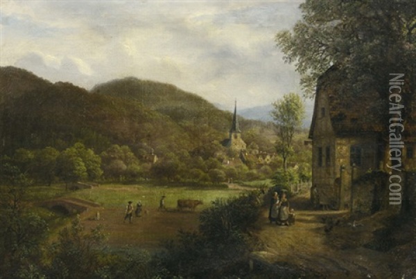 Blick Auf Ein Dorf Im Odenwald Oil Painting - Johann Heinrich Schilbach