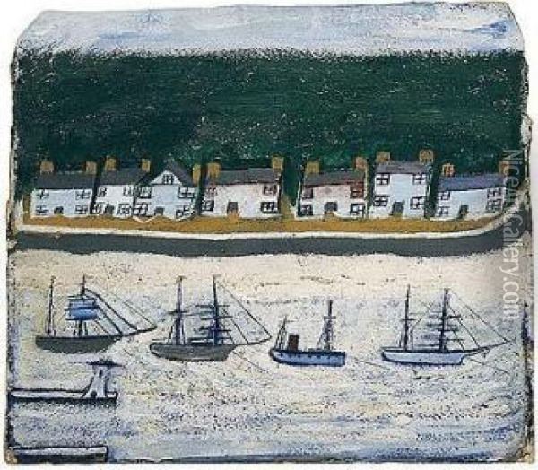 Four Boats Sailing Past A Row Of Seven Houses Oil Painting - Alfred Wallis