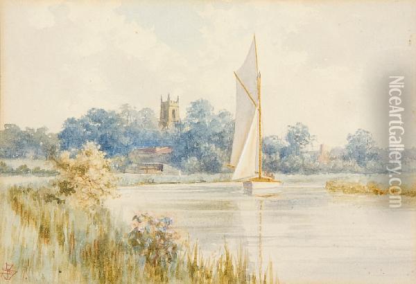 Sailing Boat On The Broads Oil Painting - Stephen John Batchelder