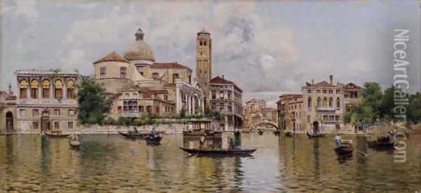 Venezia, Canal Grande Verso Santa Lucia Oil Painting - Antonio Maria de Reyna