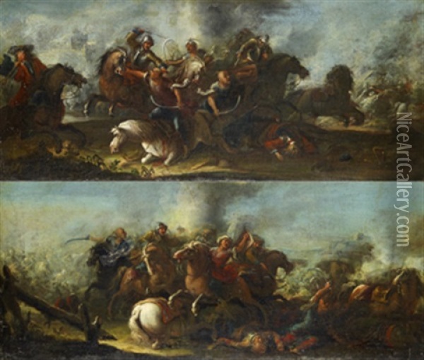 Bataljscene (+ Another, Similar; Pair) Oil Painting - Jacques Courtois