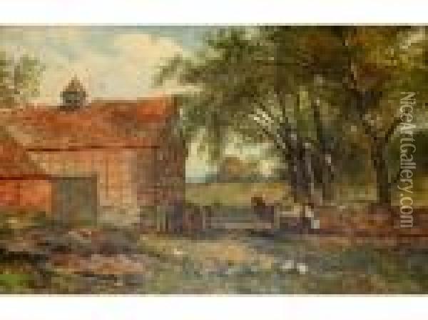 Two Poultry Keepers Near A Barn Oil Painting - Benjamin Williams Leader
